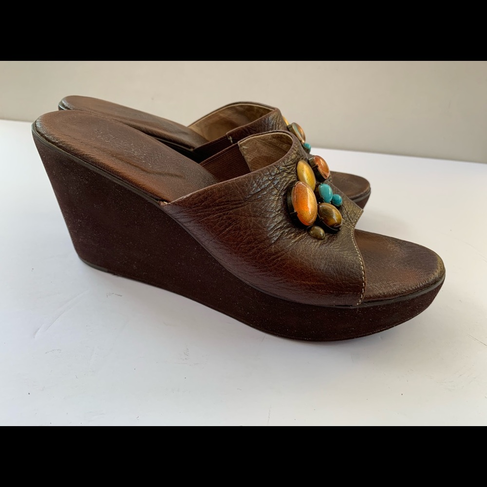 HushPuppies brown soft real leather platform wedges sandals turqoise stones US 9